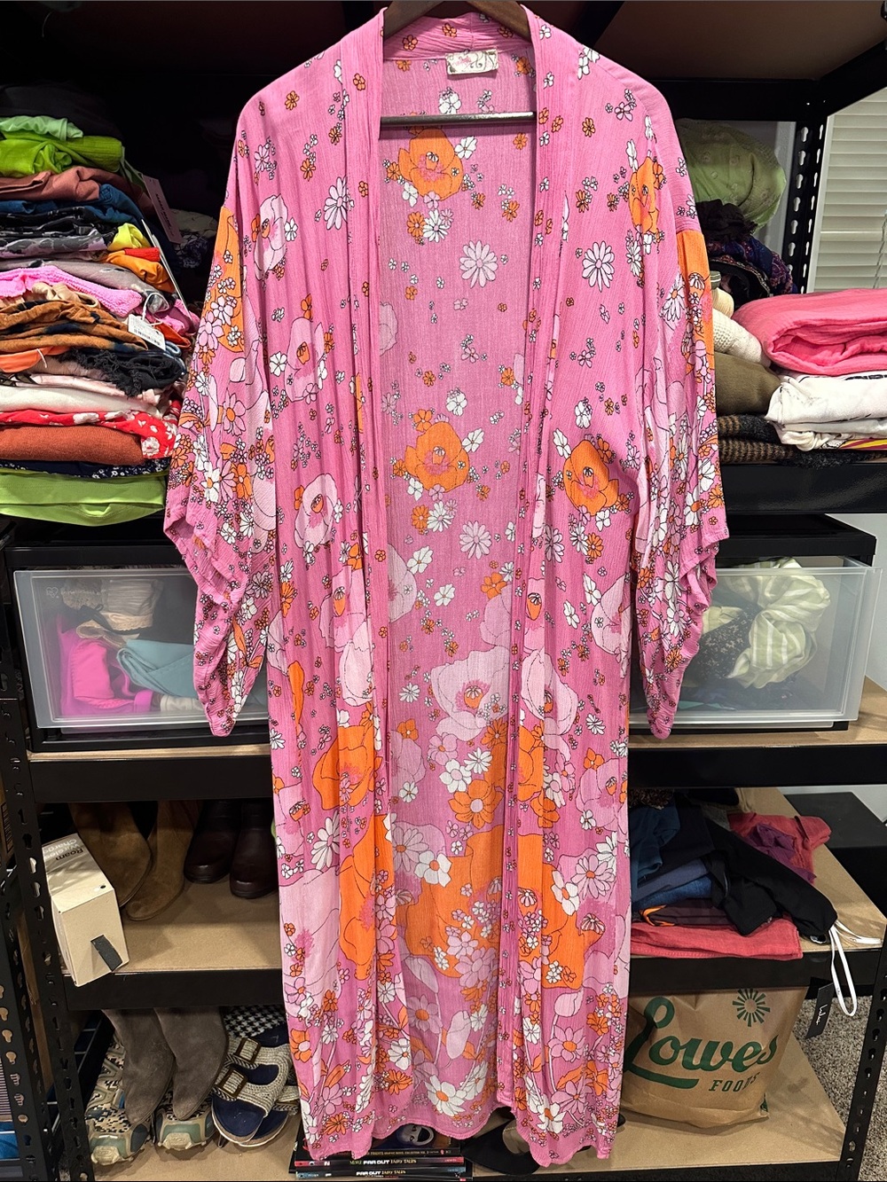 Free People Pink & Orange Floral Maxi Kimono open robe cardigan boho OS